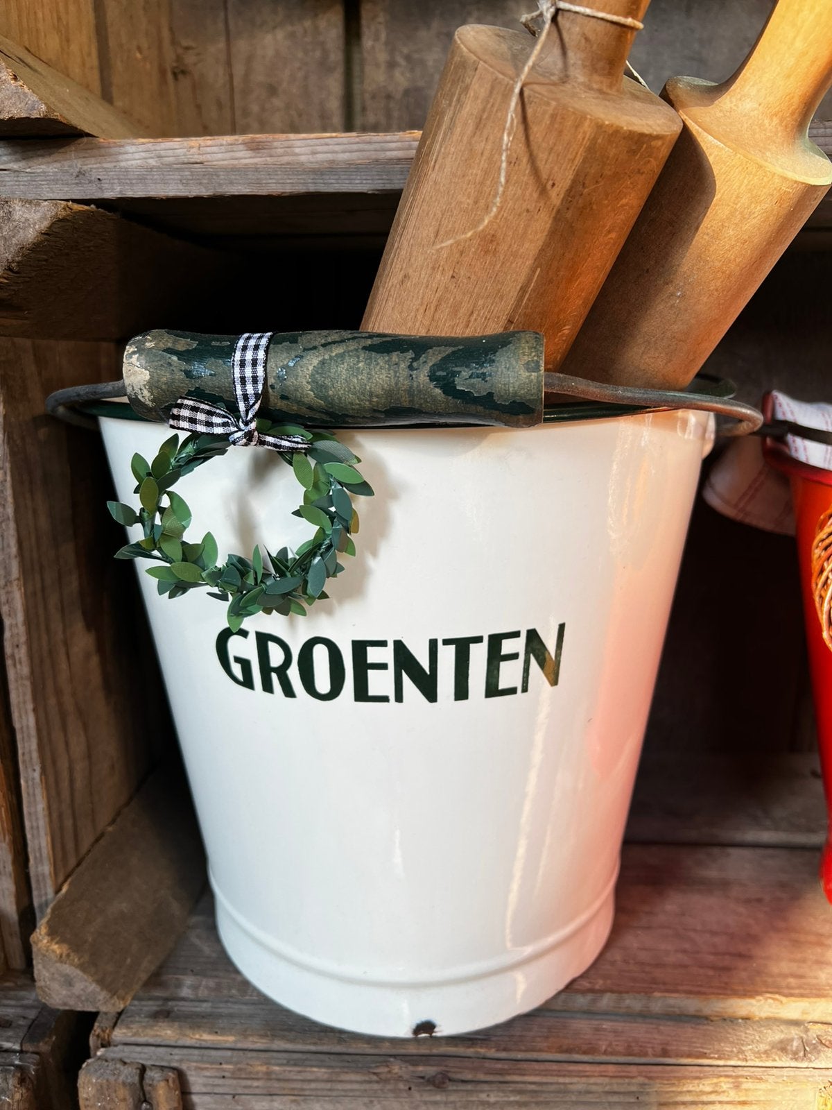 Room witte emaille groenten emmer landelijk, Ophalen