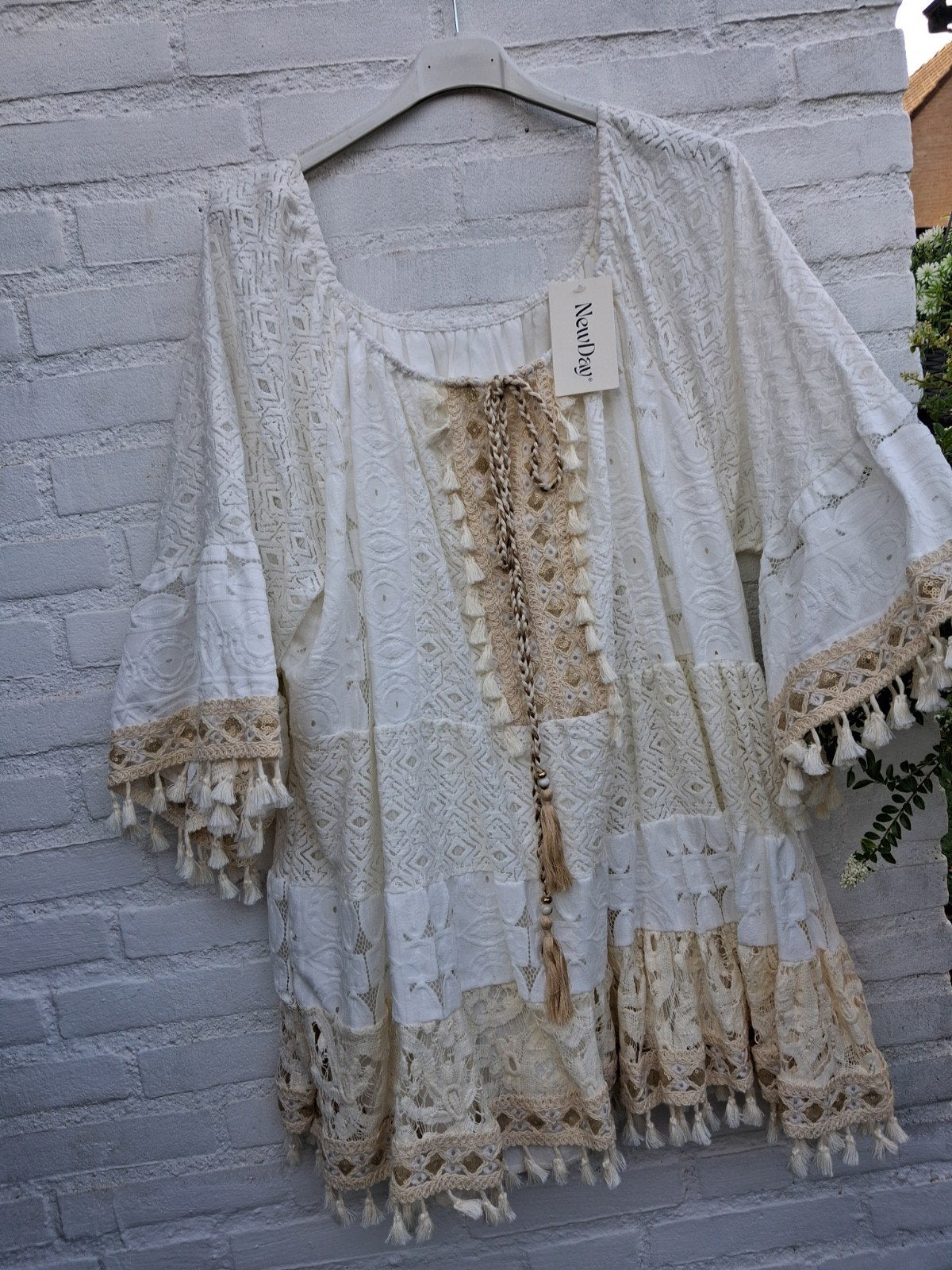 Kanten Ibiza off shoulder tuniek/jurk, Verzenden, Wit, Maat 42/44 (L), Nieuw