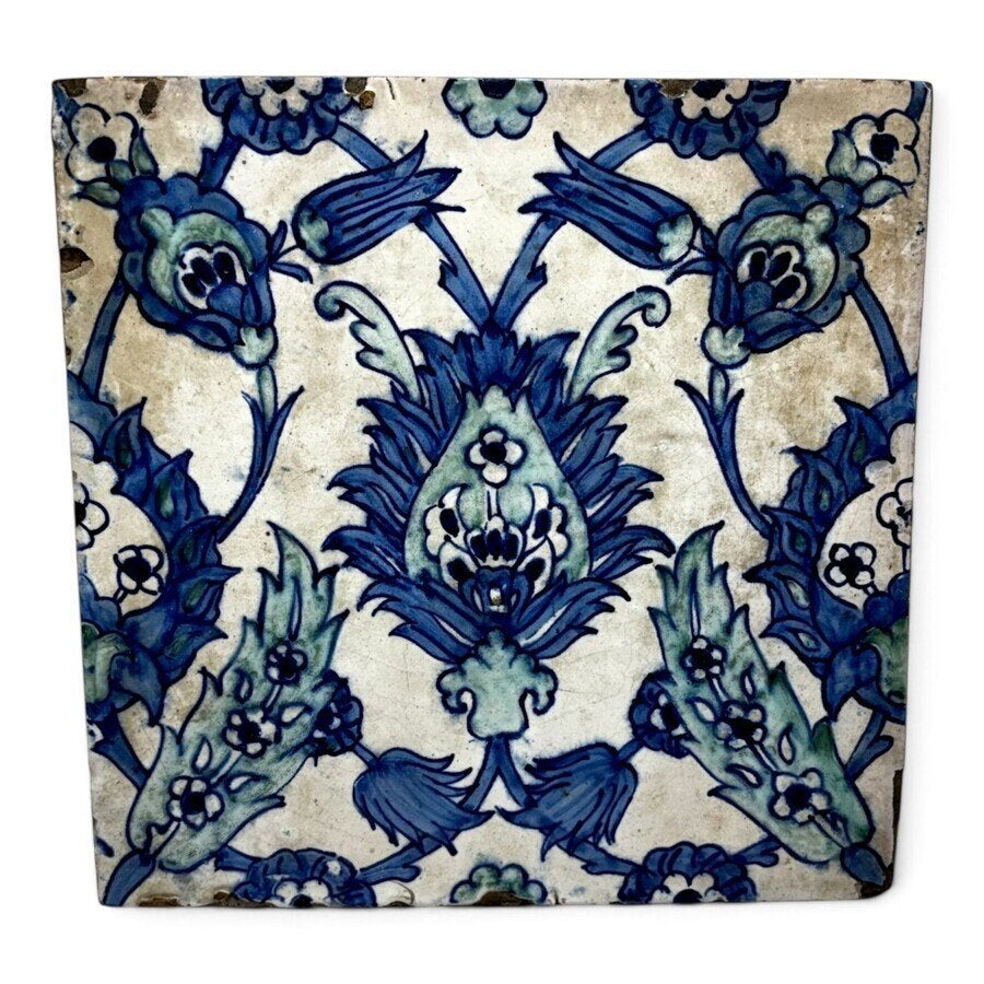 Twee antieke Qajar tegels blauw-groen floraal decor 19e eeuw, Ophalen of Verzenden