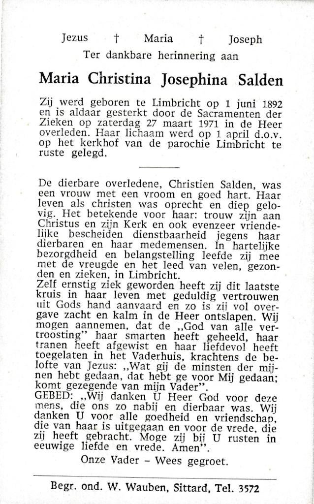 Salden Maria 1892 Limbricht 1971, Ophalen of Verzenden, Bidprentje