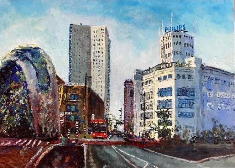 Stadsgezicht Eindhoven - Philips en De Blob, 50x70 cm, Antiek en Kunst, Ophalen, Handgeschilderd, Olieverf, Stadsgezicht