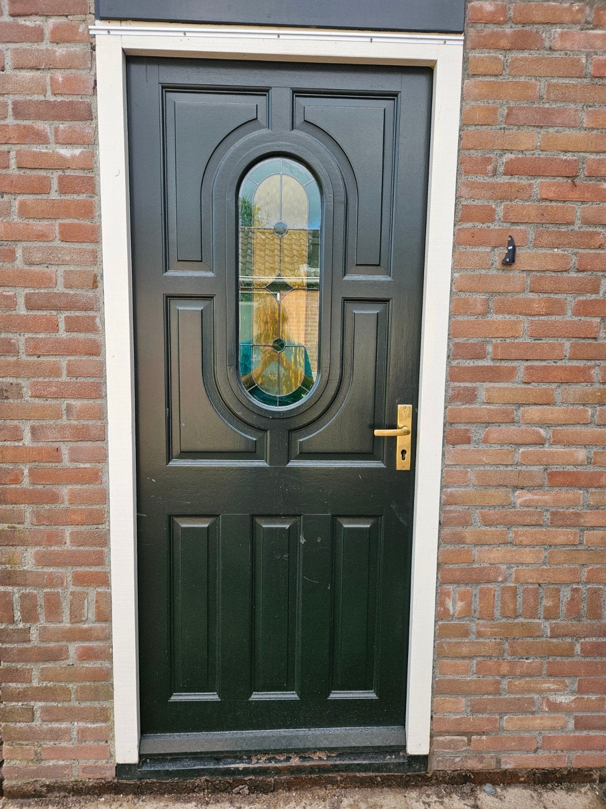 Donkergroene buitendeur met glas in lood., Doe-het-zelf en Verbouw, Gebruikt, 80 tot 100 cm, Ophalen of Verzenden, Buitendeur