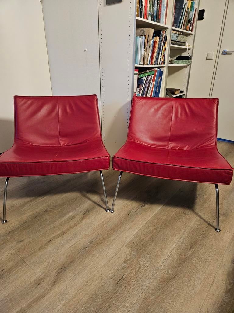 2 Harvink Fauteuils in rood leer, Huis en Inrichting, Fauteuils, Ophalen, Design, 75 tot 100 cm, Zo goed als nieuw