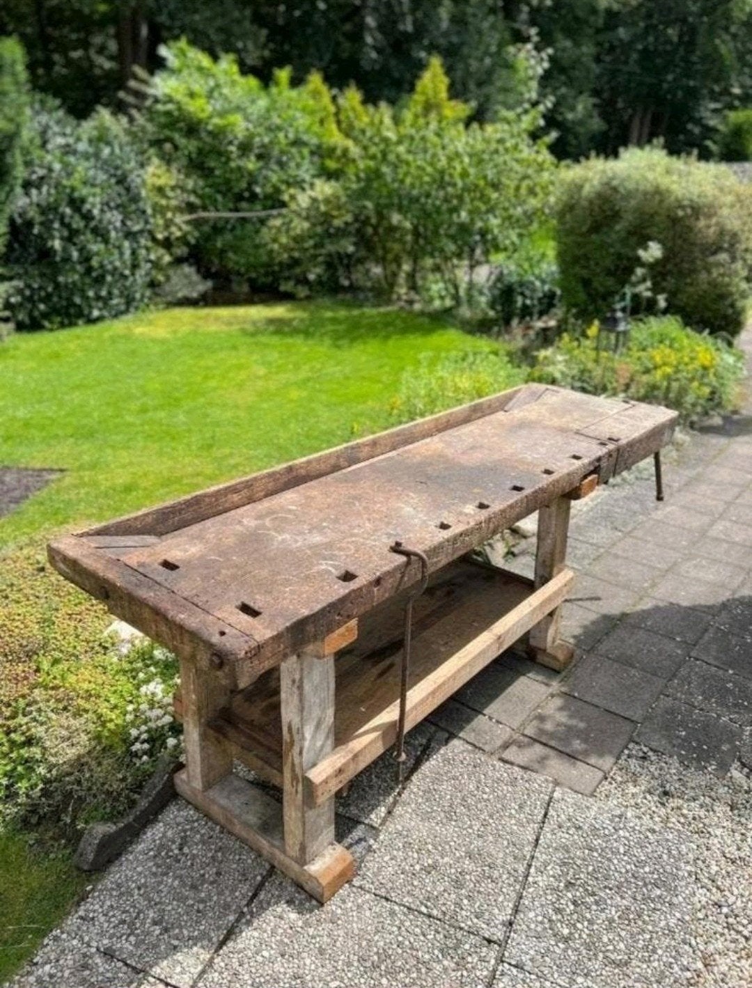 Werkelijk prachtige antieke vintage robuuste werkbank 258cm, Ophalen of Verzenden, Zo goed als nieuw, 170 cm of meer, Bankschroef