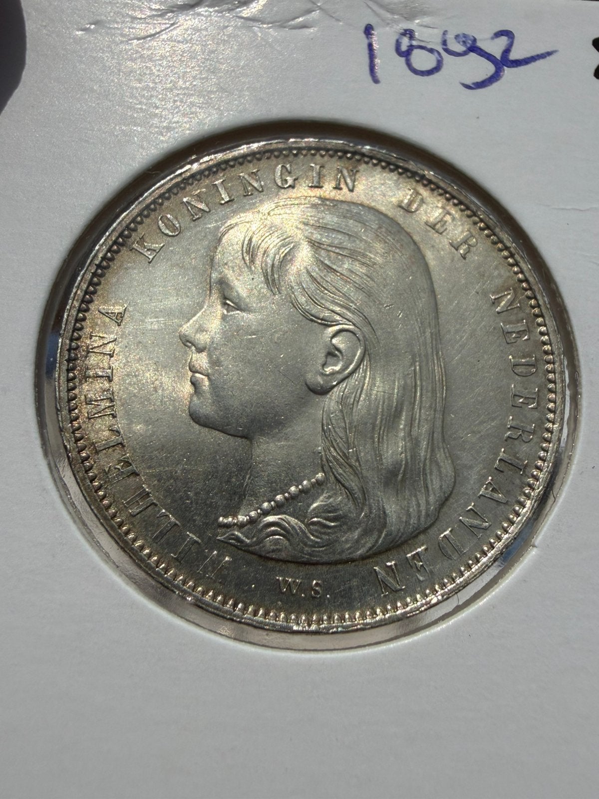 Gulden 1892 Wilhelmina unc, 1 gulden, Zilver, Ophalen of Verzenden, Koningin Wilhelmina