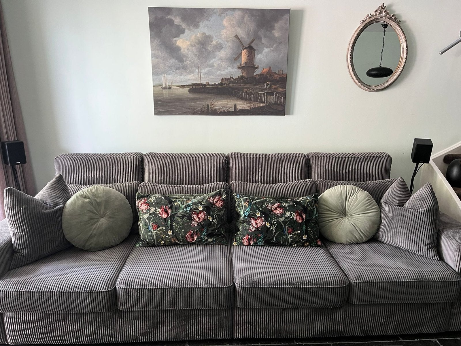 Grote ribstof bank - grijs/taupe - 4-zits, 250 tot 300 cm, Gebruikt, 75 tot 100 cm, Ophalen of Verzenden