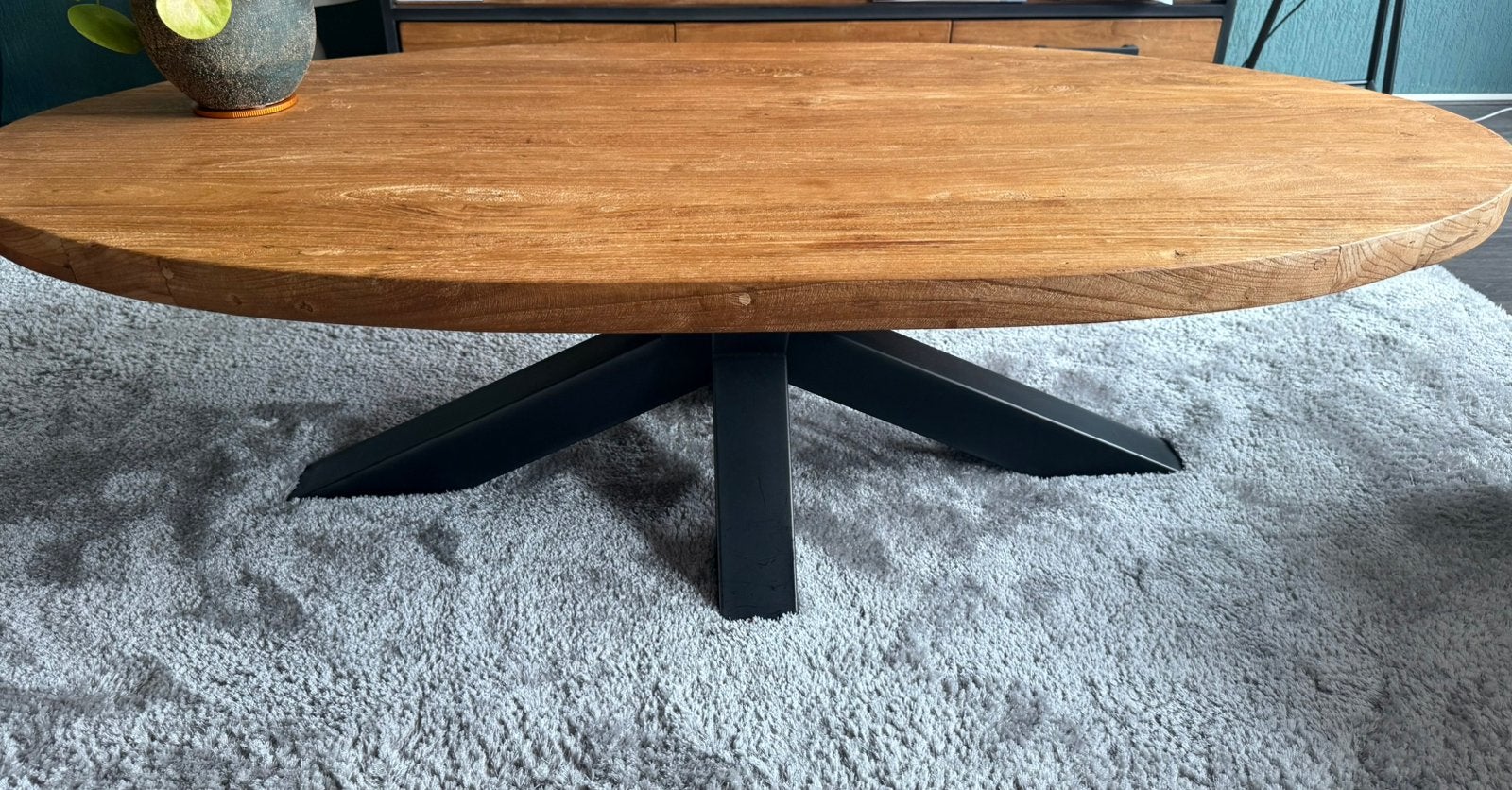 Teak mix rough ovale salontafel, Ophalen, 100 tot 150 cm, 50 tot 100 cm, Minder dan 50 cm