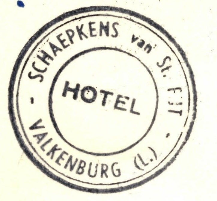 947165 Valkenburg Stempel Hotel SCHAEPKENS van St FIJT 1954, Ophalen of Verzenden, 1940 tot 1960, Gelopen, Limburg