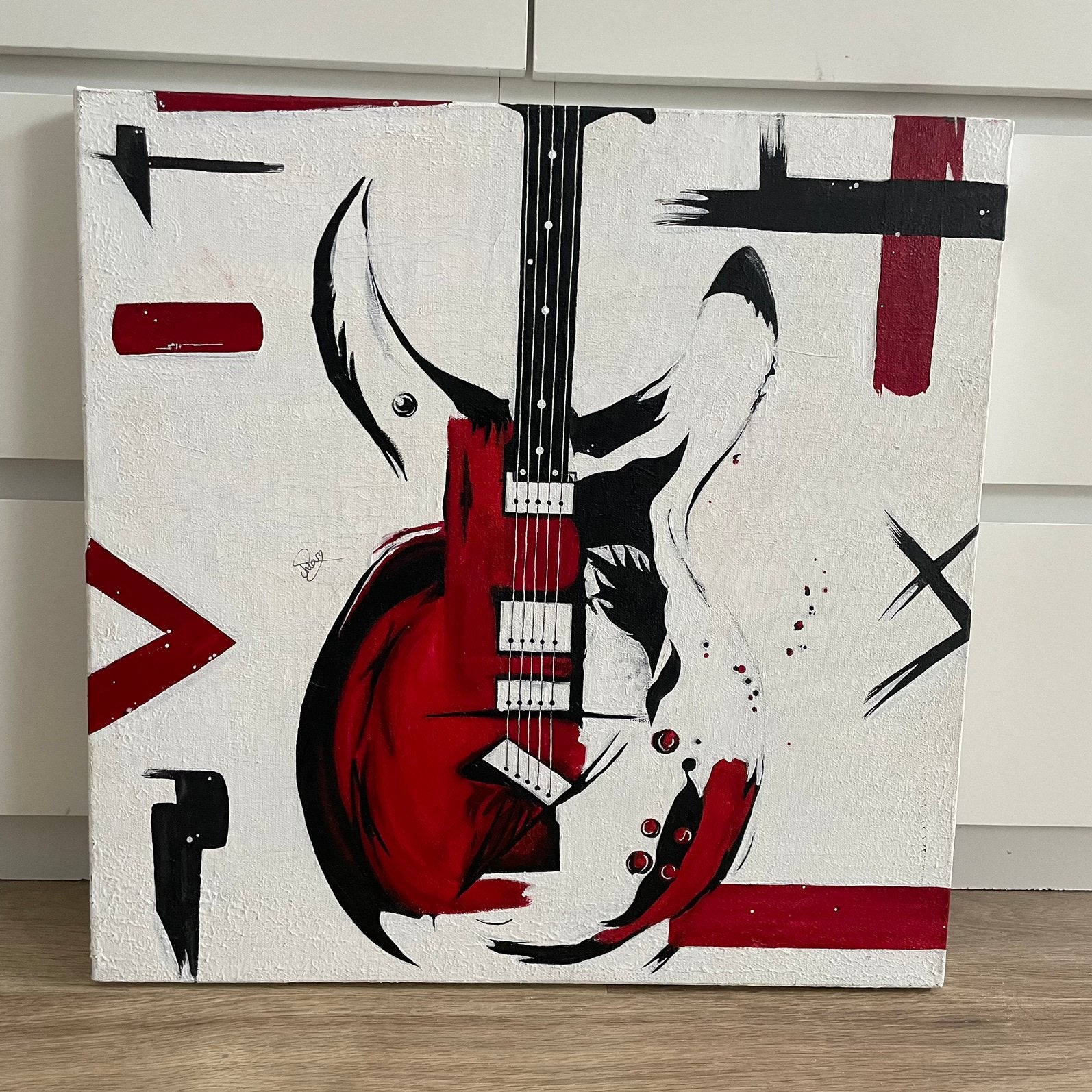Handgemaakt Acryl Schilderij Abstracte Gitaar Rood met Wit, Ophalen of Verzenden