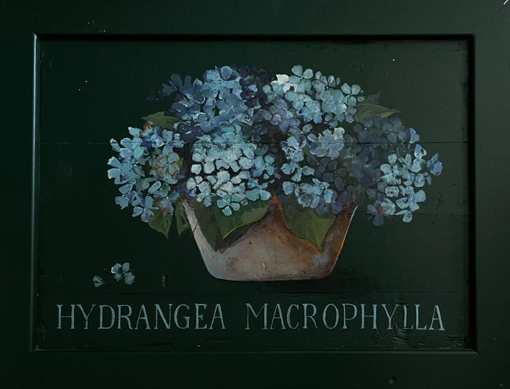 Houten paneel beschilderd met hortensia, Ophalen, Zo goed als nieuw, Schilderij, 50 tot 75 cm