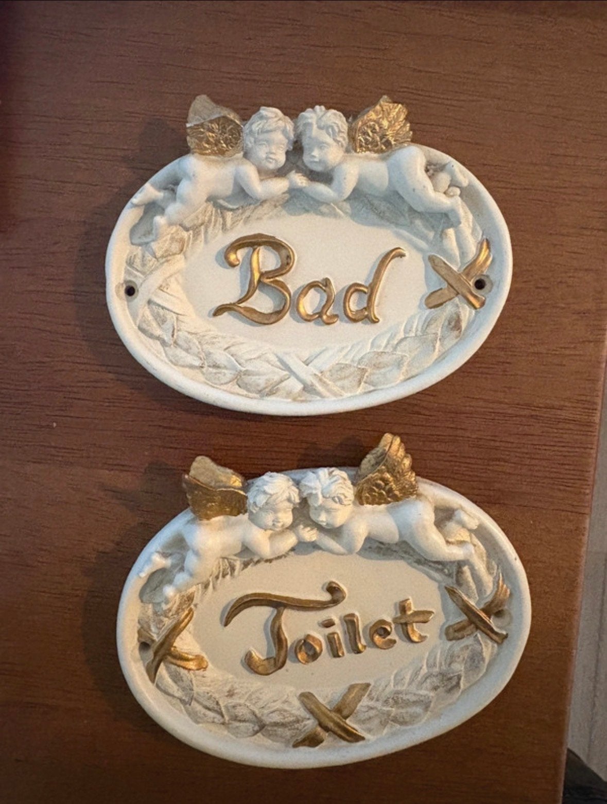 Badkamer en toilet engeltjes decoratie bordjes, Gebruikt, Ophalen of Verzenden, Klassiek, Wit