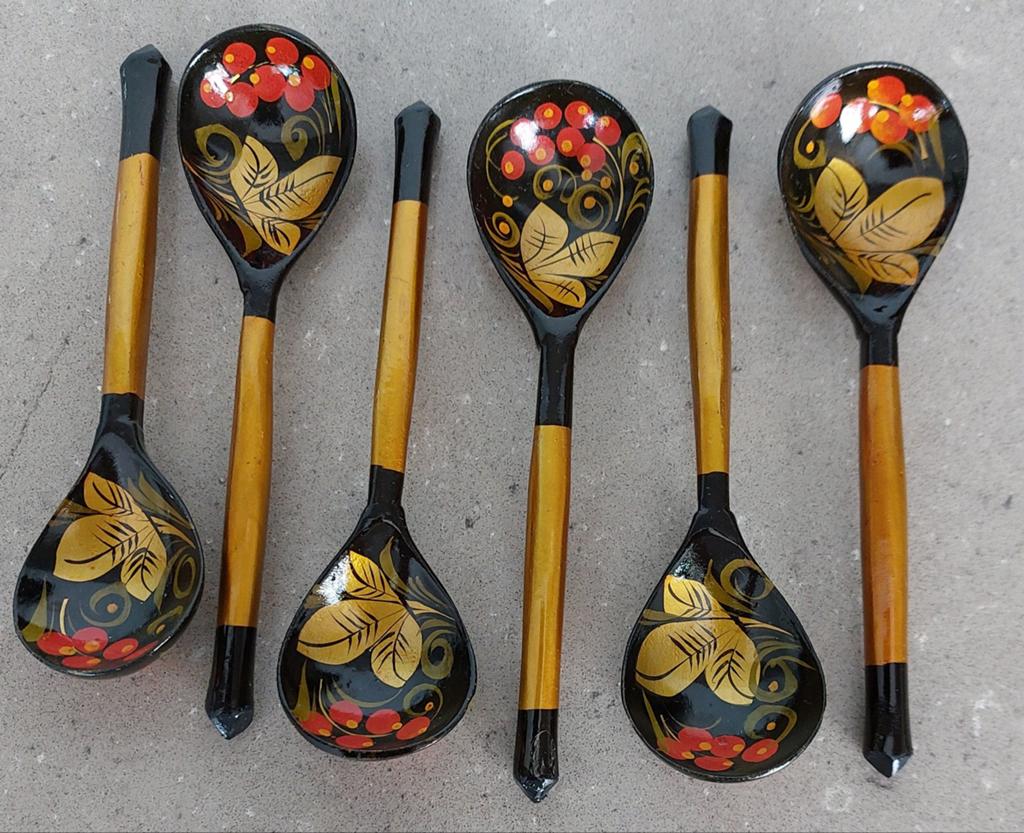 6 Traditionele Russische Houten Lepels - Khokhloma, Antiek en Kunst, Ophalen of Verzenden