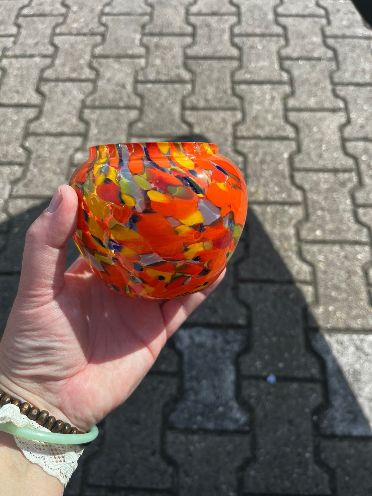 Boheems spatterglas vaasje in Art Deco-stijl, Gebruikt, Meerkleurig, Ophalen of Verzenden, Glas