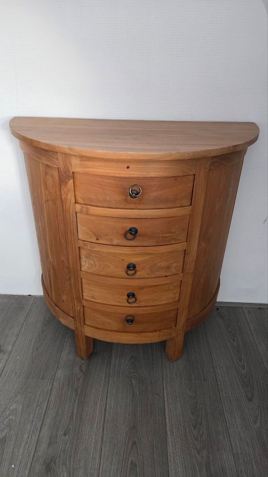 Half rond kastje met lades, Ophalen, Gebruikt, Teakhout, 50 tot 100 cm