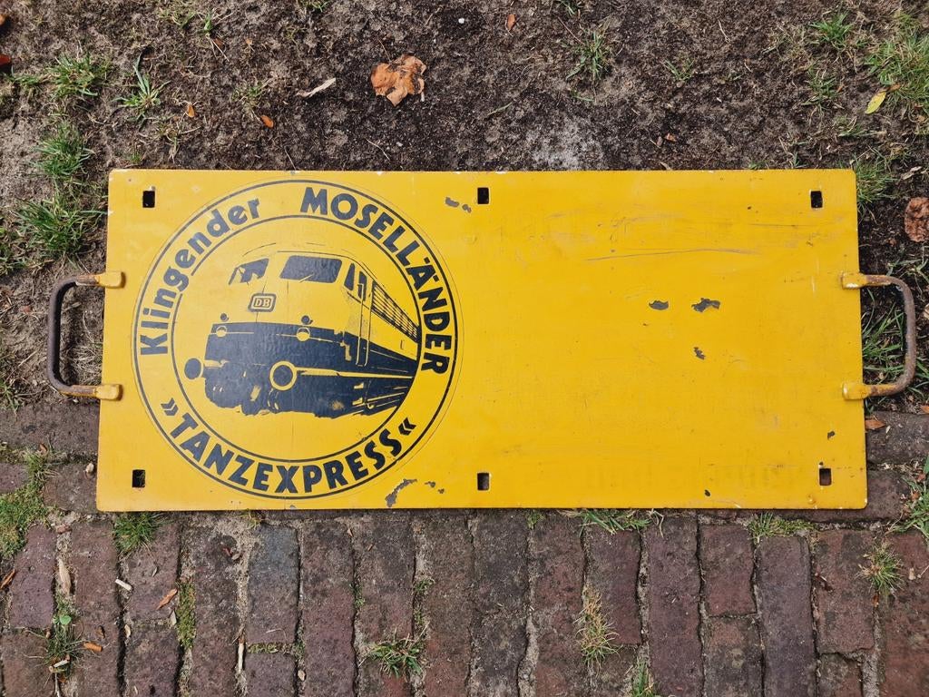Vintage Treinbord "Klingender Mosellander Tanzexpress", Verzamelen, Spoorwegen en Tramwegen, Ophalen, Gebruikt, Trein, Overige typen