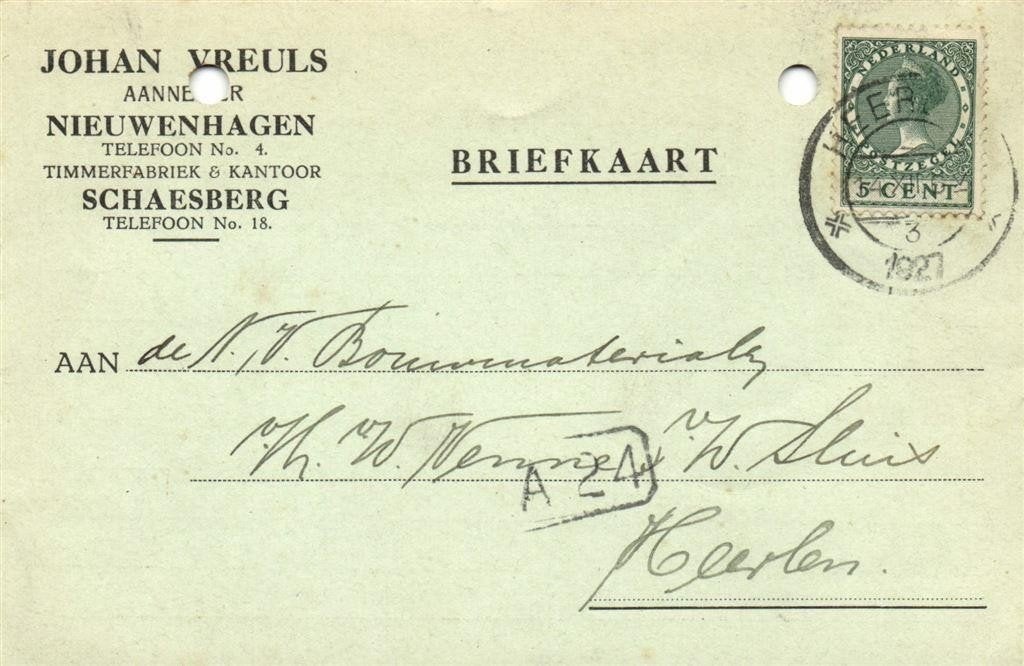 Johan Vreuls, Aannemer, Nieuwenhagen - 12.1927 - briefkaart, Ophalen of Verzenden, Briefkaart