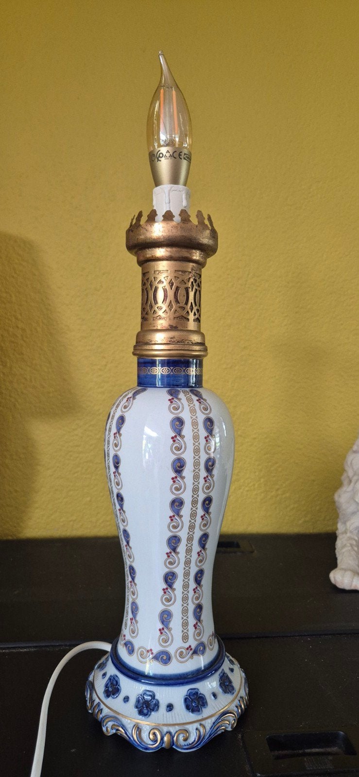 Antieke Porseleinen Tafellamp - Blauw/Goud Patroon, 39cm, Ophalen of Verzenden