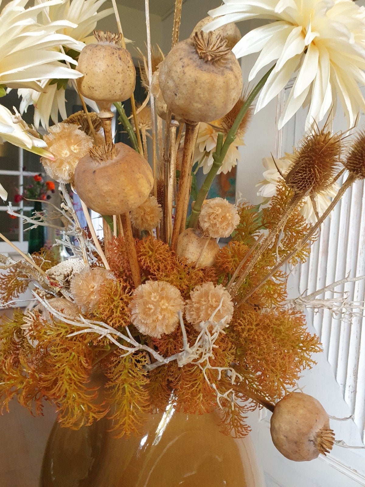 Sfeervol bloemstuk kunst- en droogbloemen in natureltinten, Ophalen, Binnen, Gebruikt, Overige materialen