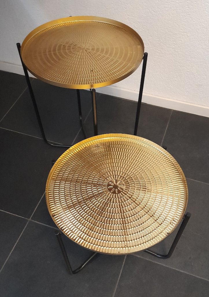 Set van 2 gouden bijzettafeltjes, Minder dan 55 cm, Gebruikt, Metaal of Aluminium, Rond