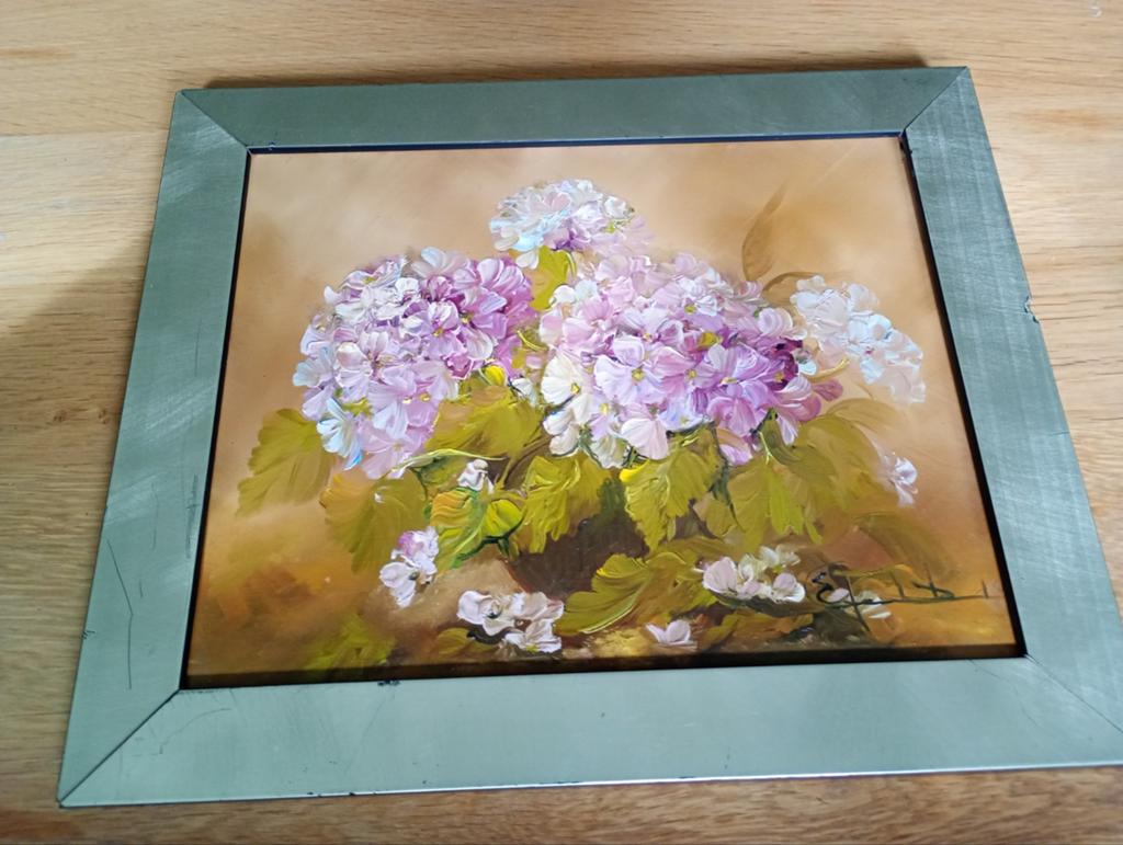 Schilderij met bloemen (Hortensia's), Ophalen of Verzenden