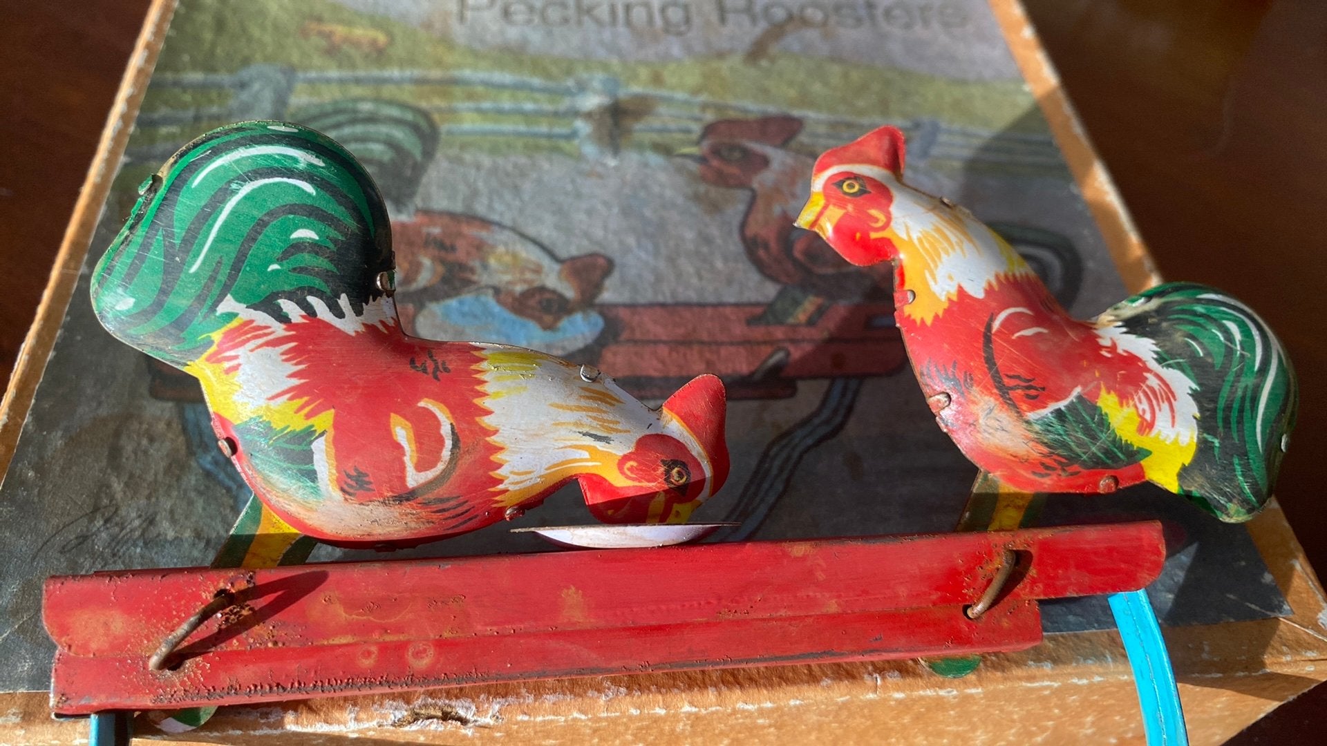 Antieke vintage blikken kippen speelgoed in originele doosje, Ophalen