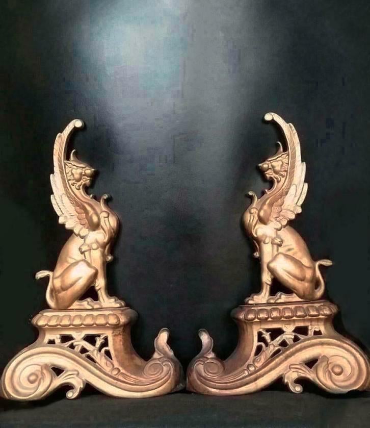 Antiek Bronzen vuurbokken French Griffin, Brons set art deco, Ophalen of Verzenden, Brons