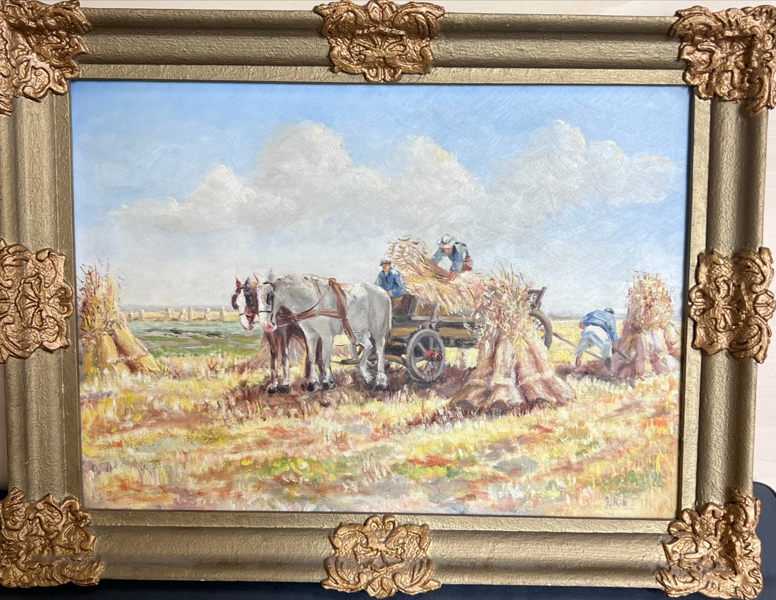 Schilderij J. Kik - Oogsttafereel met paarden en boeren, Ophalen, Doek, Landschap, Olieverf