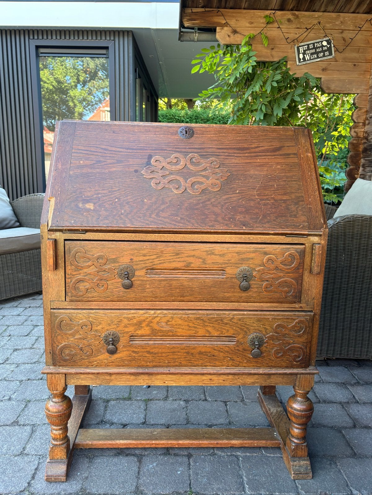(Antiek?) Eiken Bureau met Lades en Opbergvakken, Ophalen