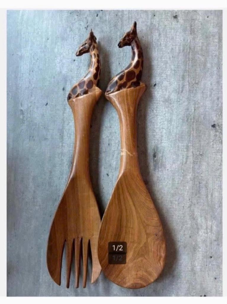 Houten Sla Bestek, Giraffe, Set, 31 cm, Ophalen of Verzenden