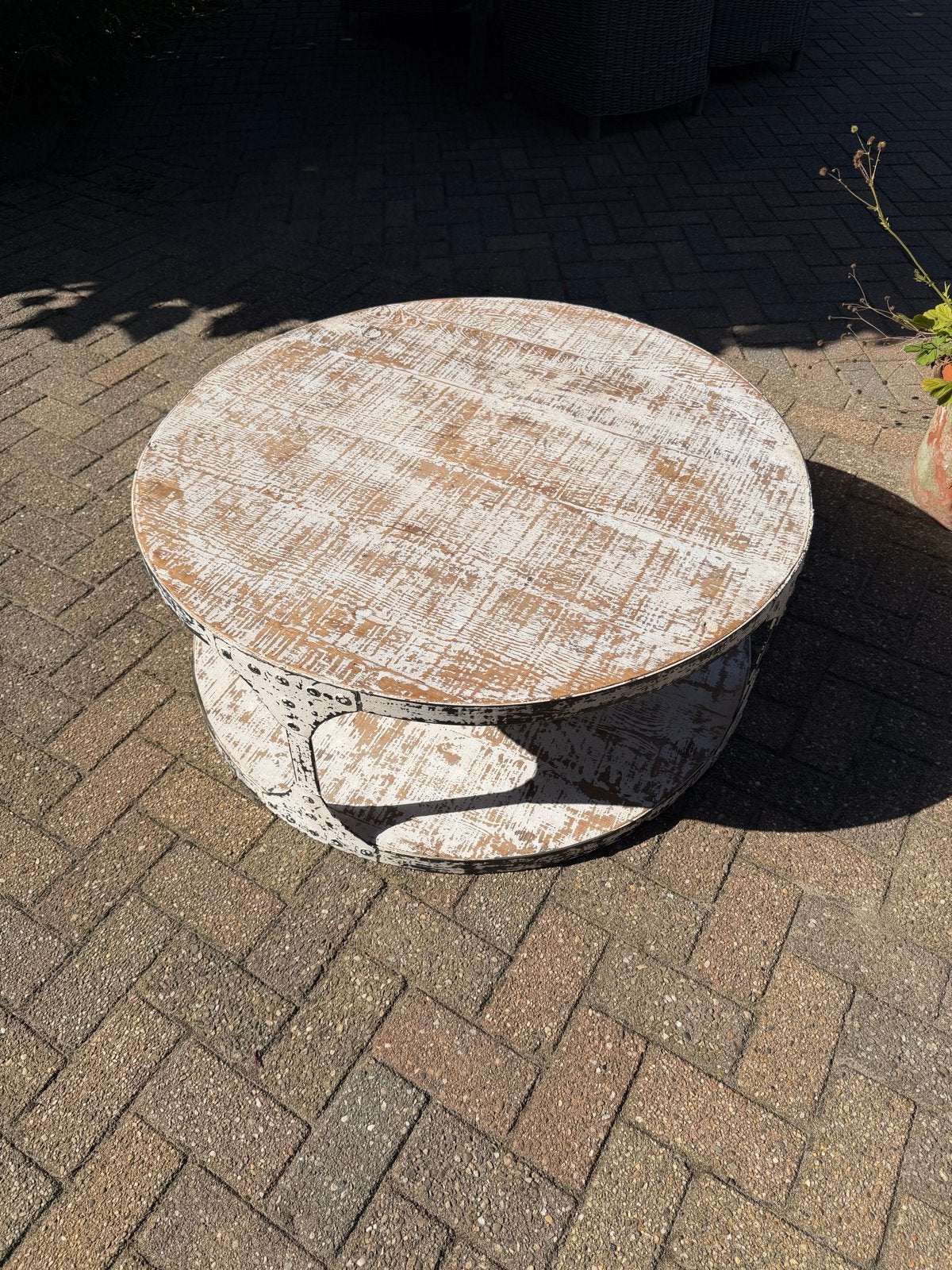 Ronde houten salontafel met stalen beslag, Ø 100 cm, Ophalen, Gebruikt, Rond, 50 tot 100 cm