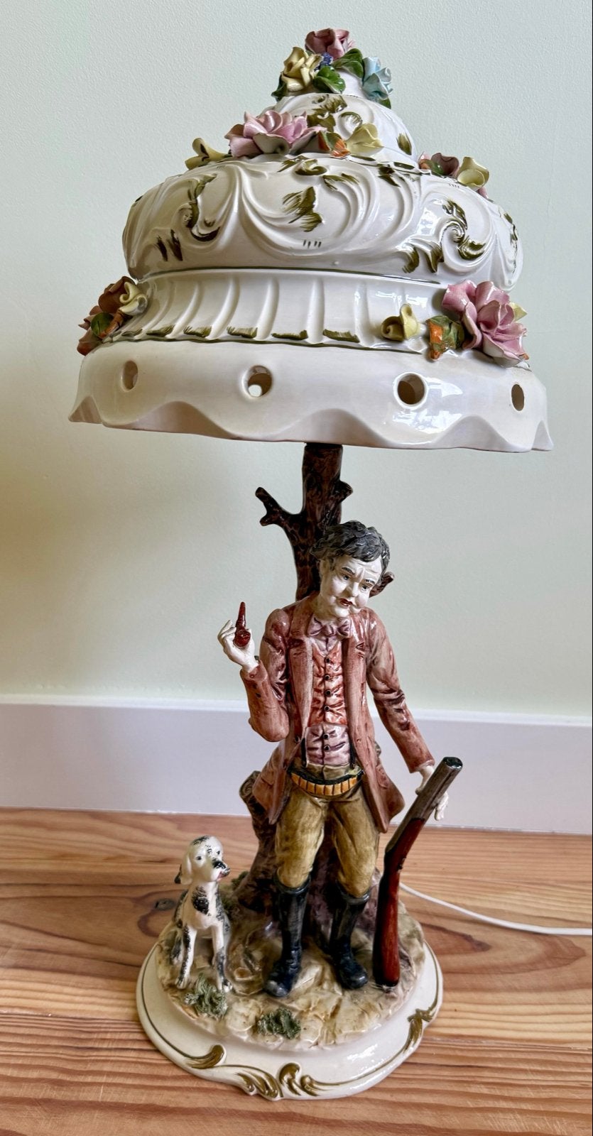 Vintage Italiaanse Capodimonte Tafellamp Jager met Hond, Ophalen