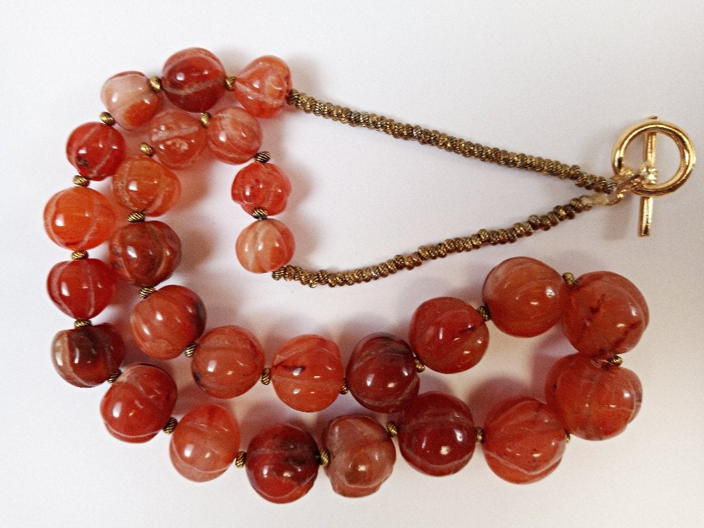 Vintage ketting carneool Himalaya meloen kralen cornalijn, Verzenden, Oranje, Zo goed als nieuw, Steen of Mineraal