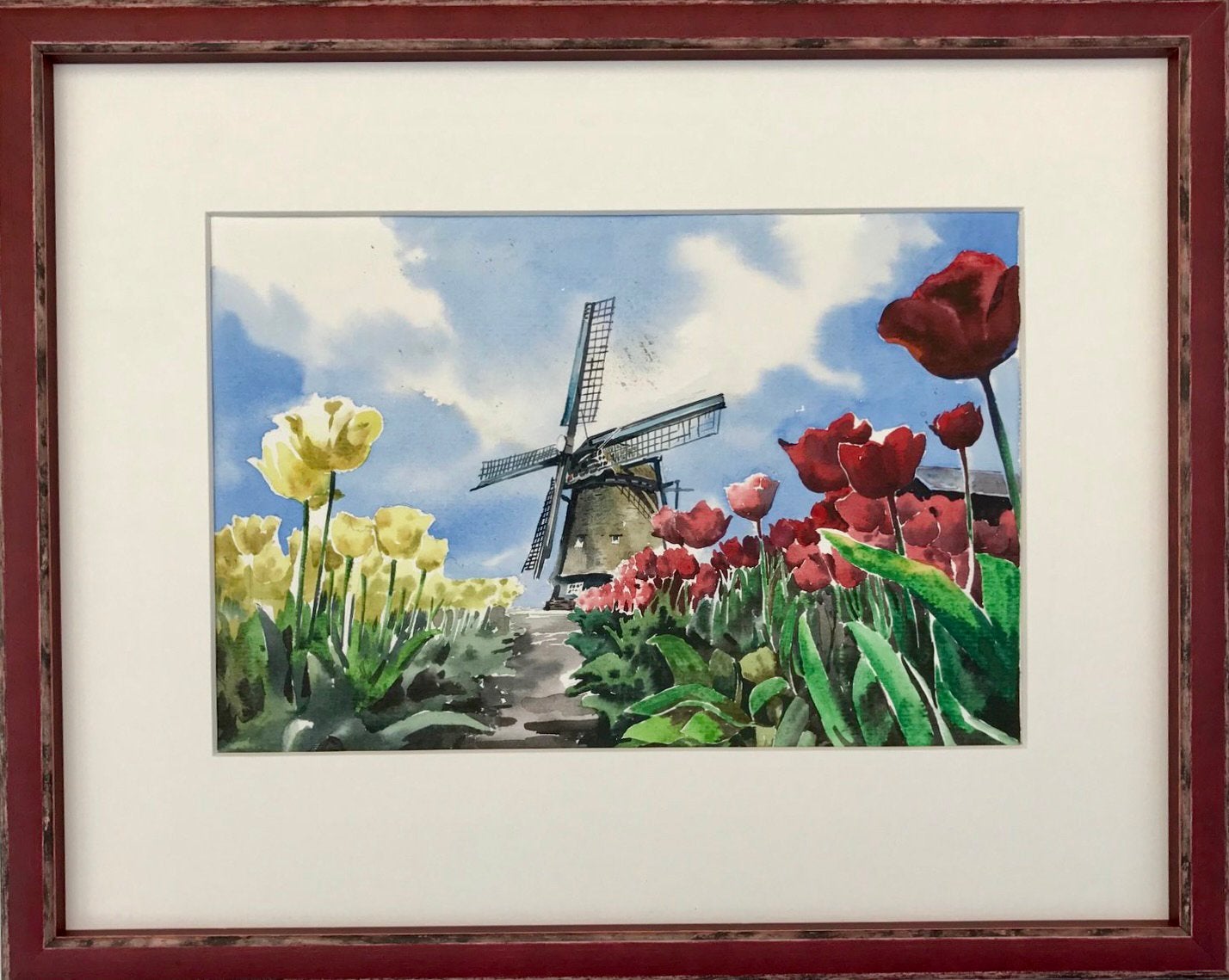 Molen en Tulpen, Antiek en Kunst, Kunst | Schilderijen | Modern, Landschap, Aquarel, Papier/karton, Ophalen of Verzenden