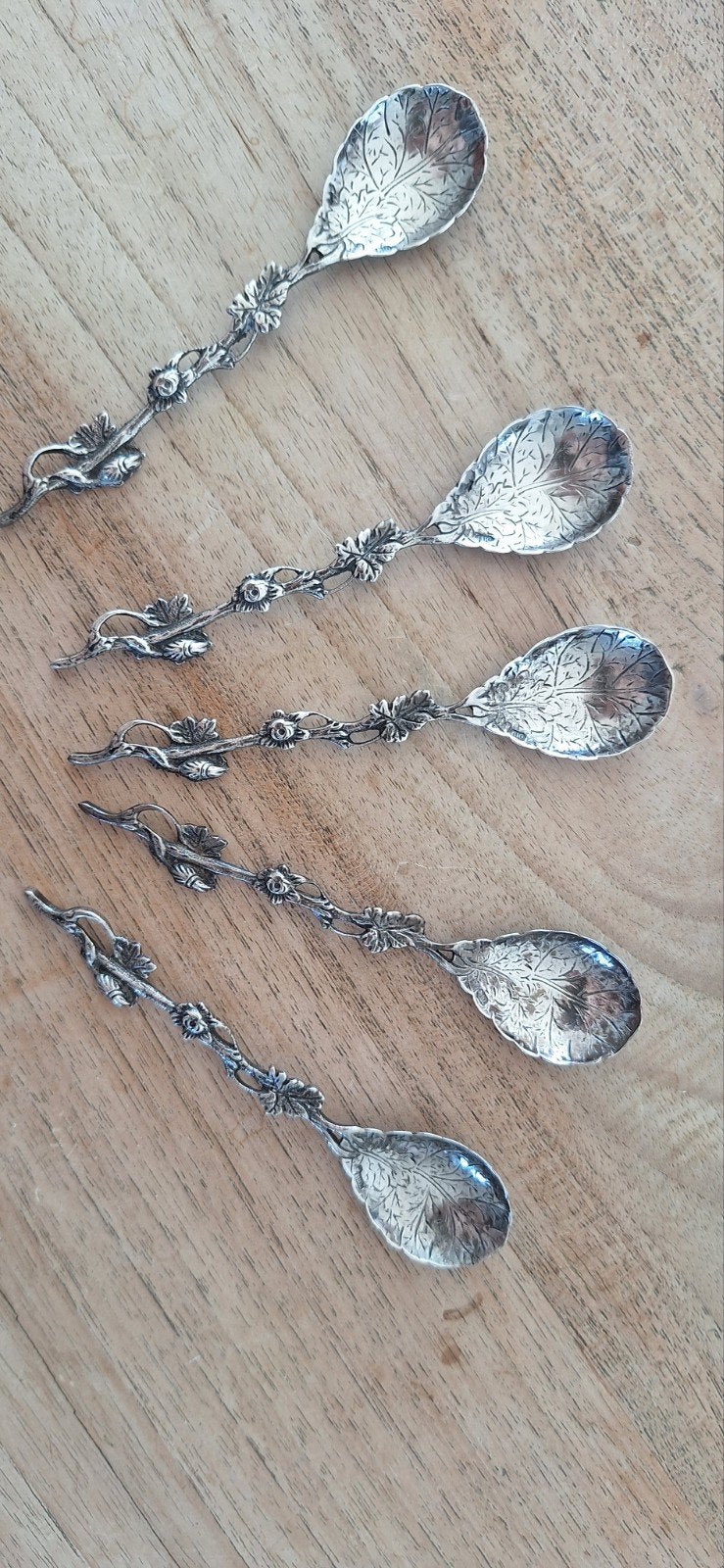 Set van 5 antieke lepeltjes met bloemmotief, Ophalen of Verzenden