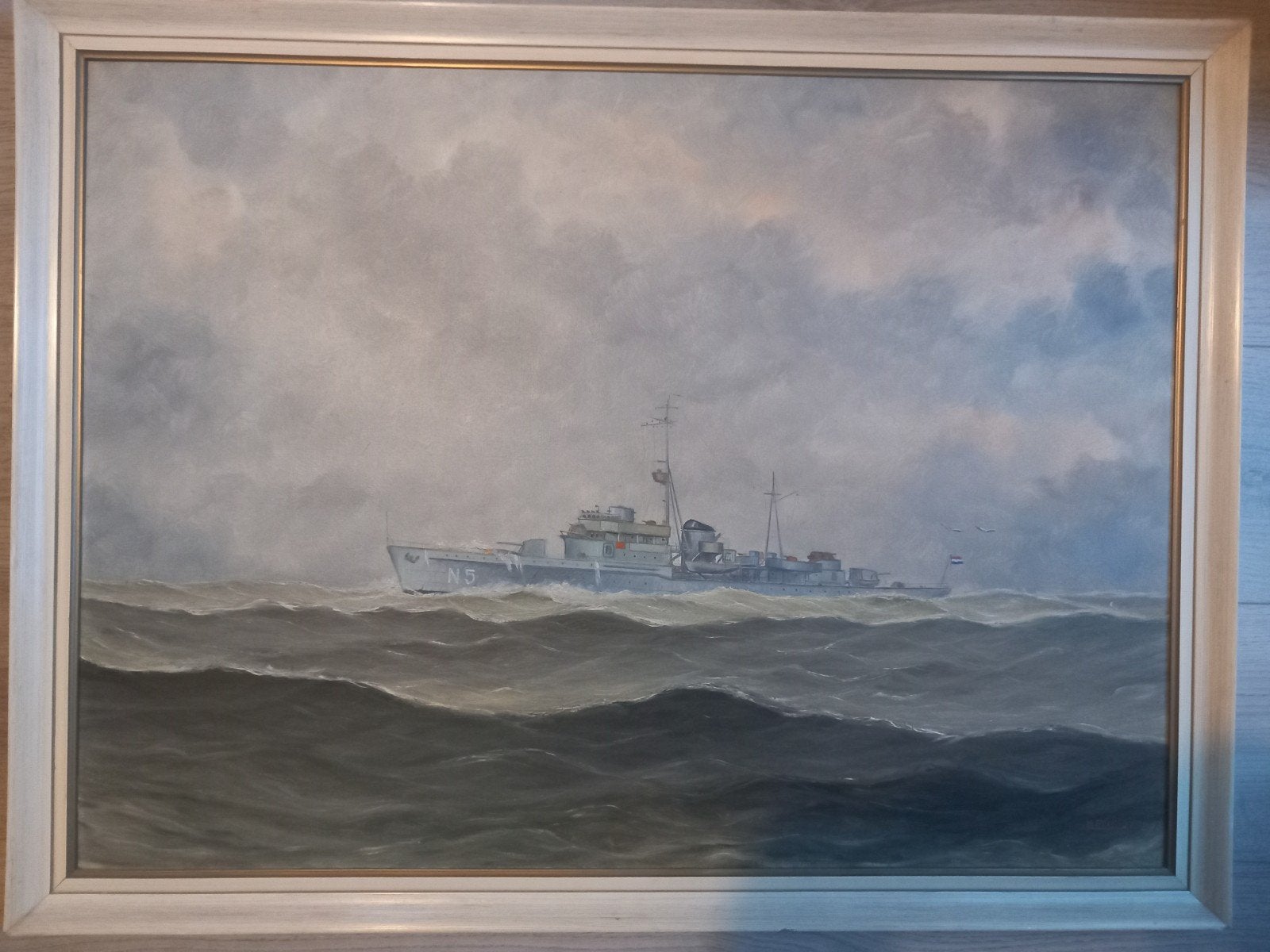 Schilderij olieverf op hout marineschip Hr ms Van Galen, Antiek en Kunst, Kunst | Schilderijen | Klassiek, Ingelijst, Maritiem / water