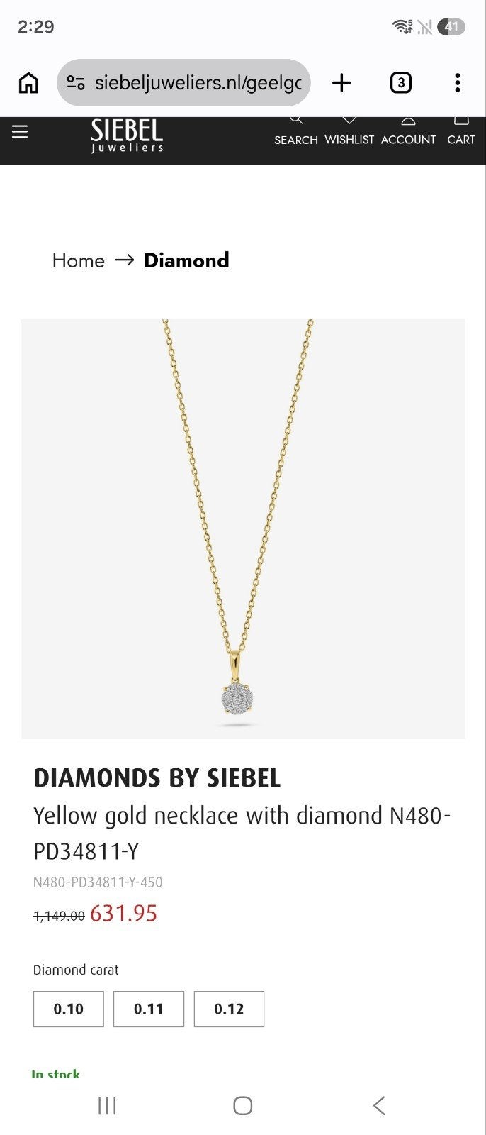 Diamond by Siebel
Yellow gold necklace with diamond N480-PD, Ophalen of Verzenden, Zo goed als nieuw, Met edelsteen, Goud