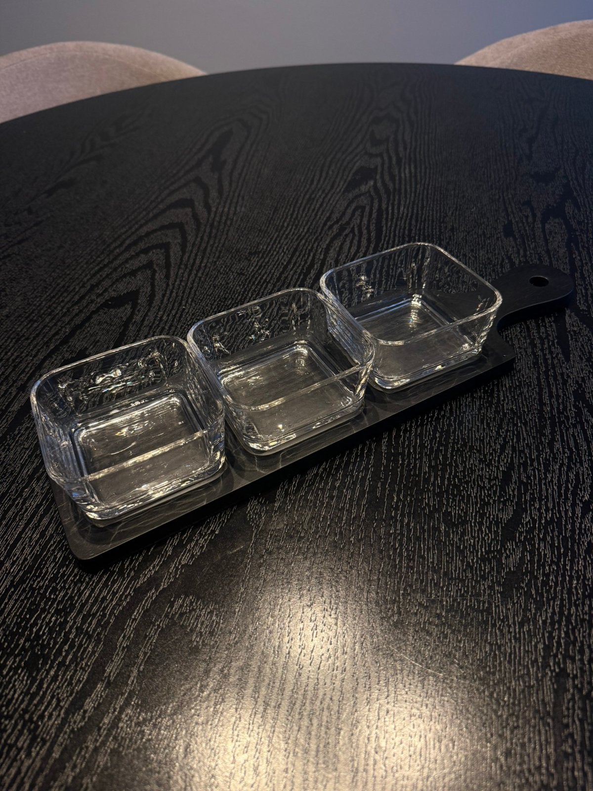 Glazen tapas schaaltjes met serveerplank, Ophalen, Zo goed als nieuw