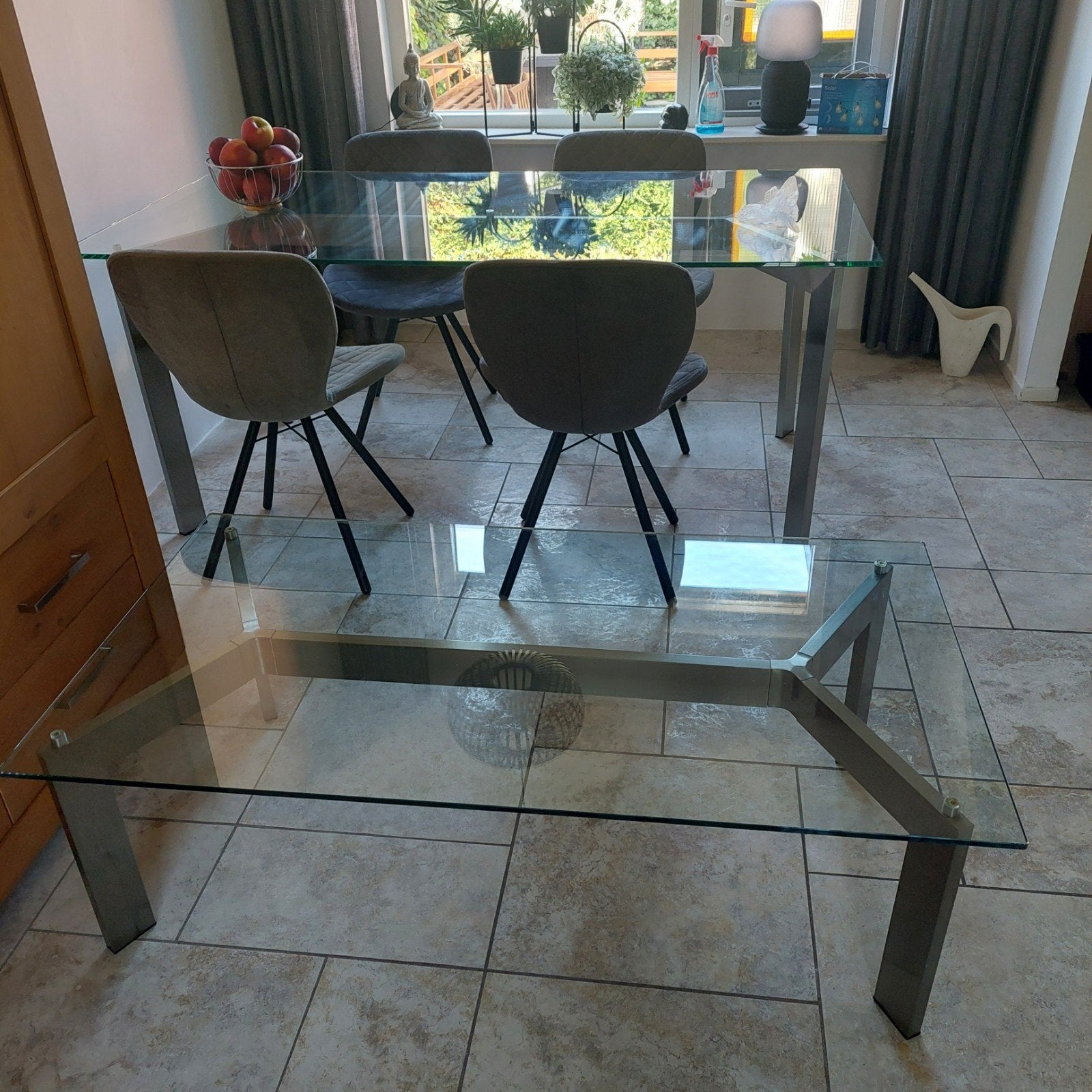Moderne glazen eettafel en salontafel set, Huis en Inrichting, Ophalen, Gebruikt, 50 tot 100 cm, Glas