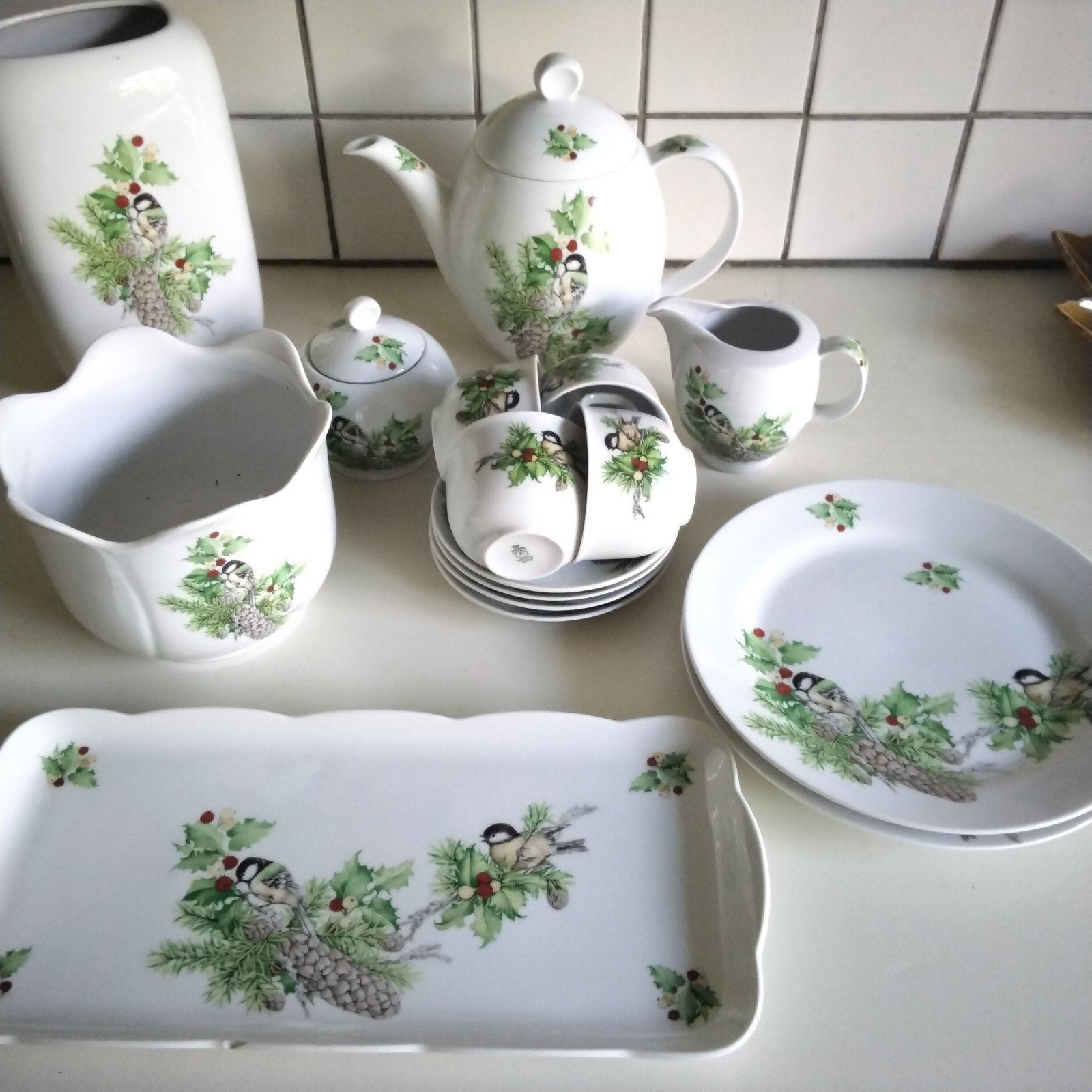 Duits servies met koolmeesjes: theepot, enz., Ophalen of Verzenden, Zo goed als nieuw, Porselein, Overige stijlen