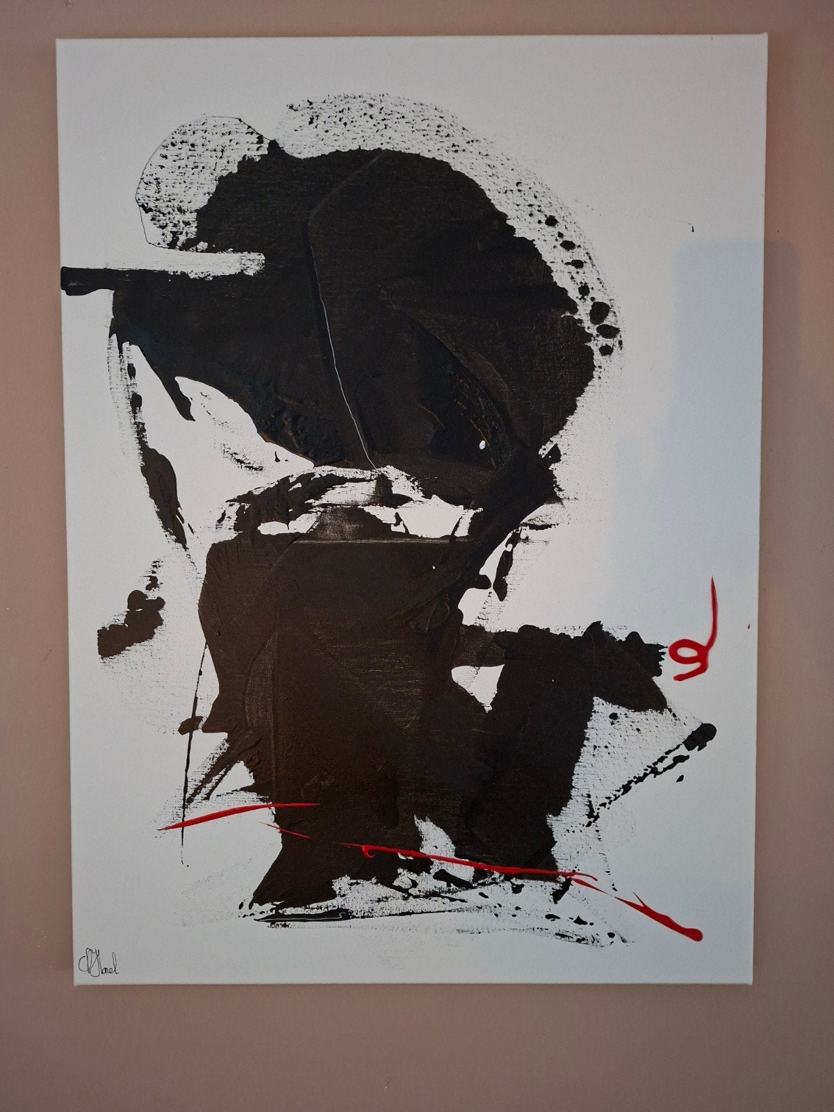 Abstract werk in zwart, wit en rood - 55x75 cm, Ophalen of Verzenden