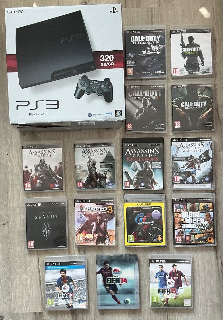 PS3 Slim 320GB met originele doos + 2 controllers + 15 games, 1 speler, Ophalen of Verzenden, Zo goed als nieuw, Eén computer