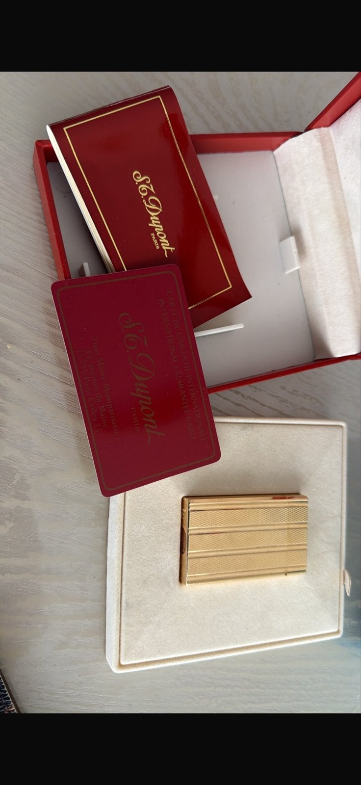 Luxe S.T. Dupont Aansteker Goudkleurig met Doos en Papieren, Verzamelen, Ophalen, Zo goed als nieuw, Aansteker