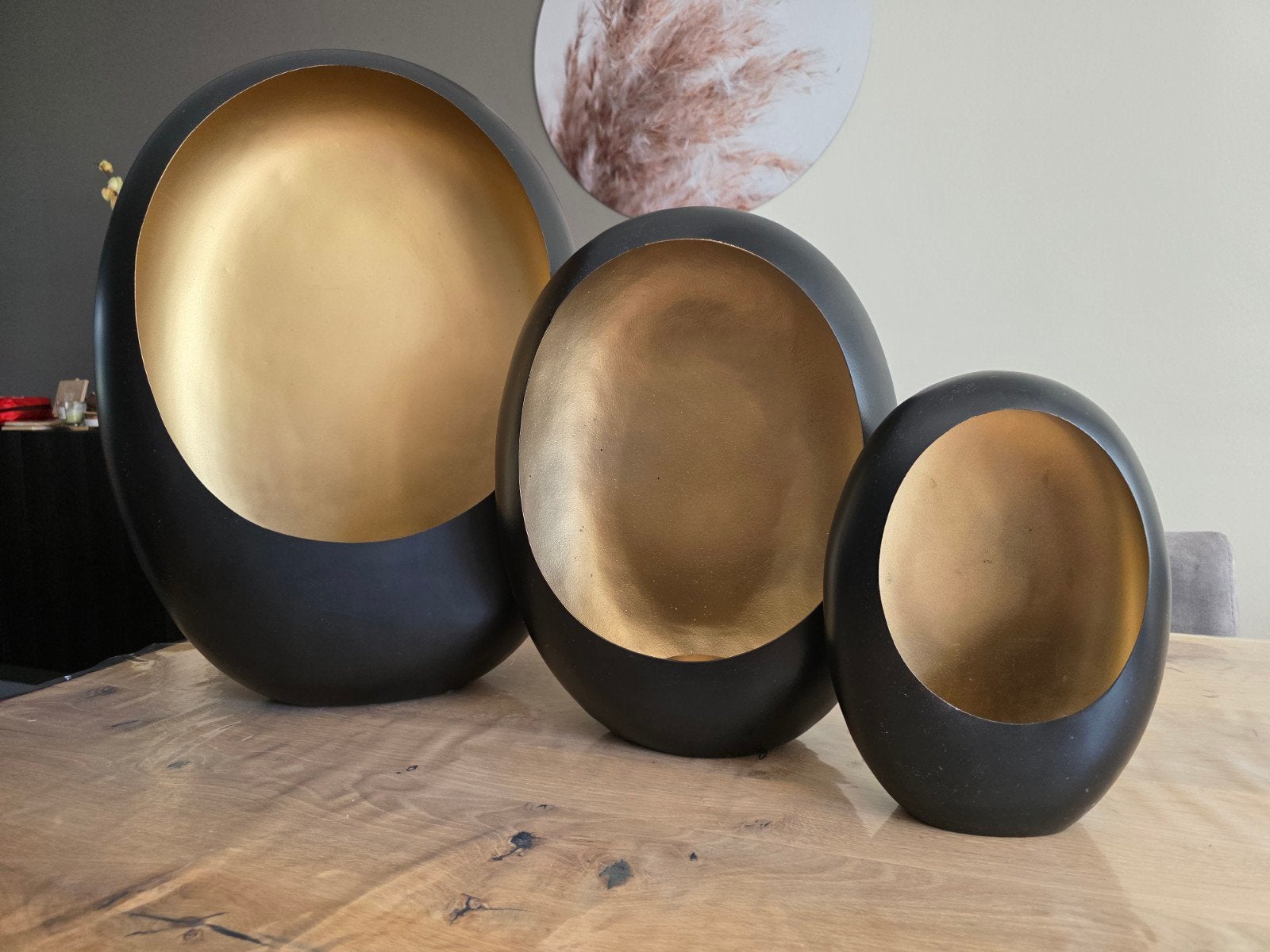 Set van 3 decoratieve vazen/schalen, zwart met goud, Ophalen, Zwart, Zo goed als nieuw, Metaal