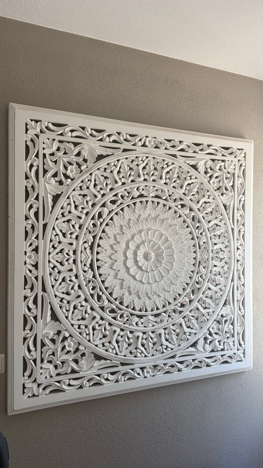 Wandpaneel Hout 120x120 cm - Handgesneden Decoratie, Ophalen, Gebruikt, Hout, Wandbord of Wandpaneel