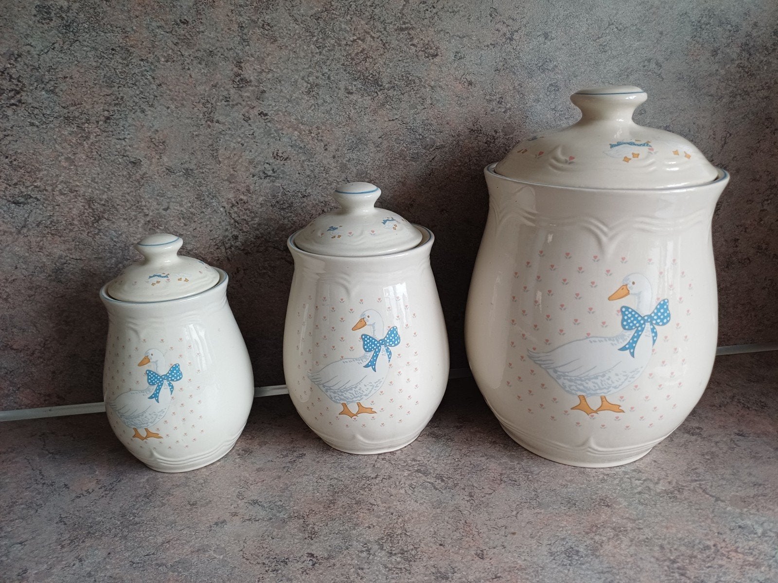 Set van 3 vintage voorraadpotten met gans decoratie, Ophalen, Gebruikt, Voorraadpot, Steen/keramiek
