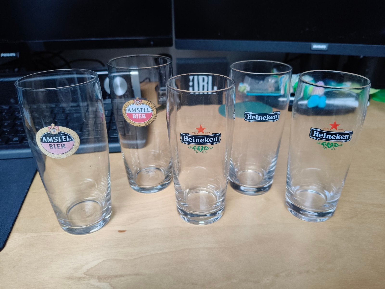 Bierglazen: Amstel en Heineken (5 stuks), Ophalen, Gebruikt