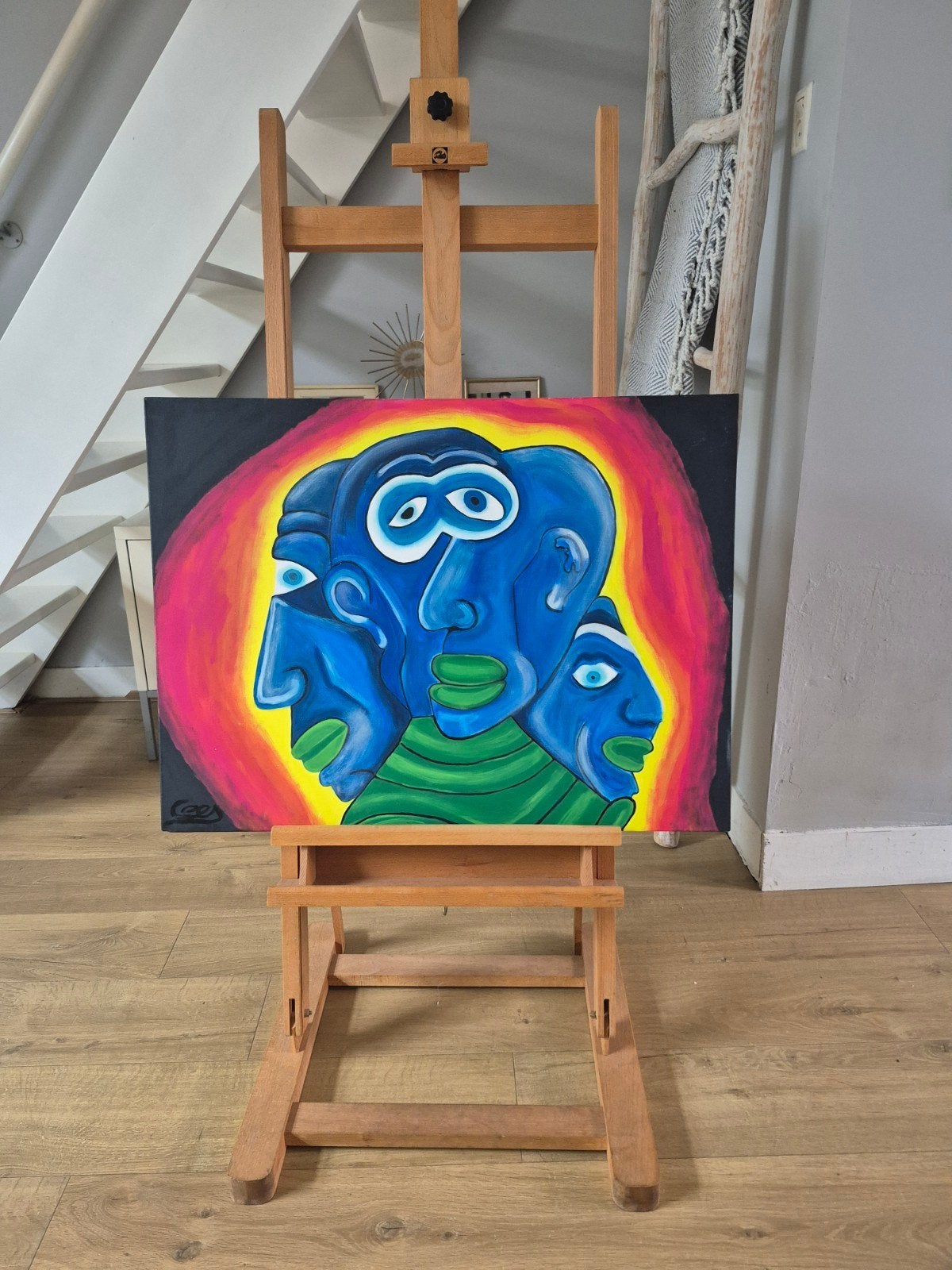 Kleurrijk 4 gezichten schilderij 80x60, Hobby en Vrije tijd, Ophalen, Doek