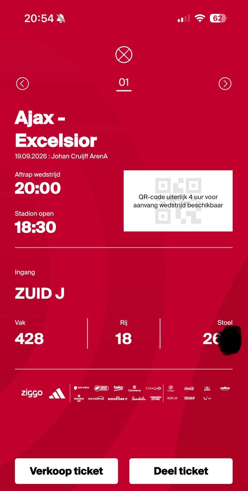 TKA: kaart Ajax vs Excelsior, vak 428, Tickets en Kaartjes, Eén persoon, September