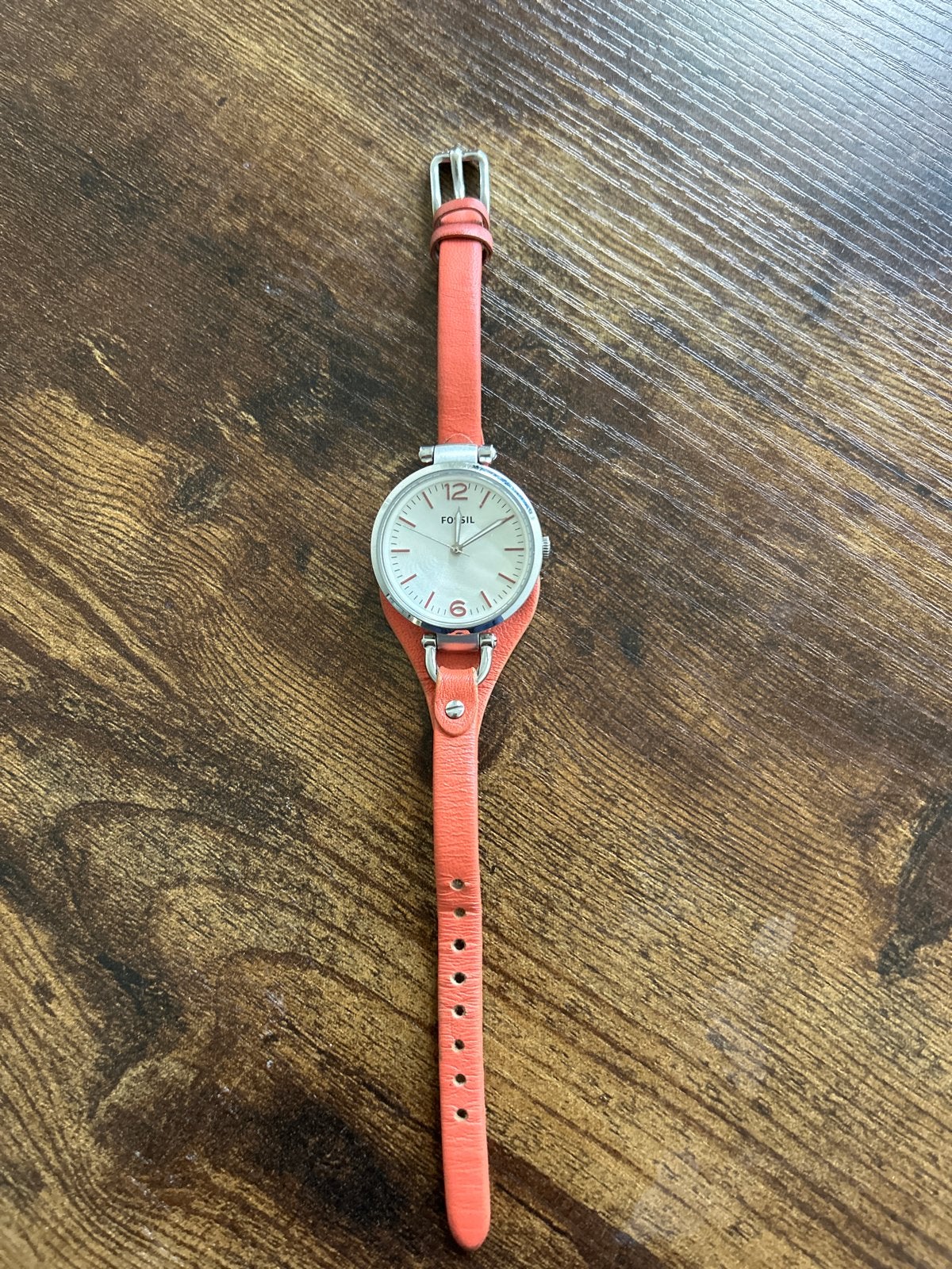 Fossil dameshorloge met oranje leren bandje, Sieraden, Tassen en Uiterlijk, Staal, Fossil, Polshorloge, Ophalen of Verzenden