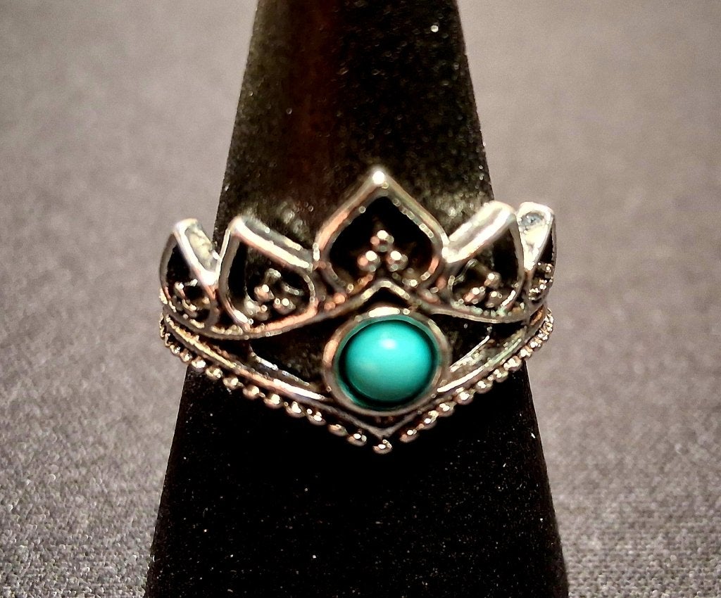 zilverkleurige ring crown mandala turquoise mt 15, IJzer of Staal, Nieuw, Ophalen of Verzenden, Kleiner dan 17